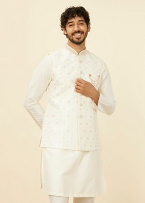 alt message - Manyavar Men Warm White Floral Printed Nehru Jacket image number 0